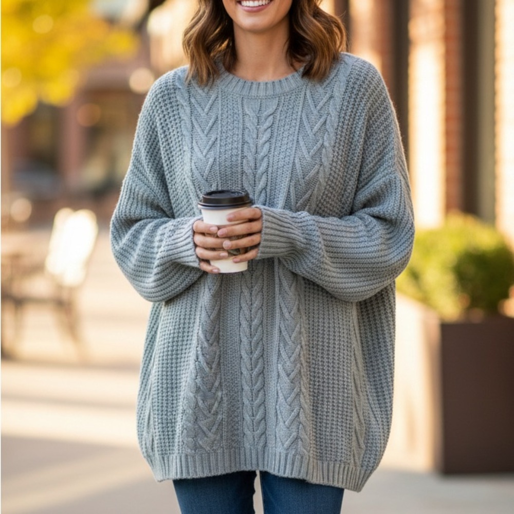 Natural Reflections Gray Crew Neck Sweater with Cable Knit